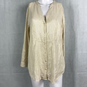 Hannah Shirt Womens Sz M Gold Metallic Striped Cotton Roll Tab Sleeve Button Up